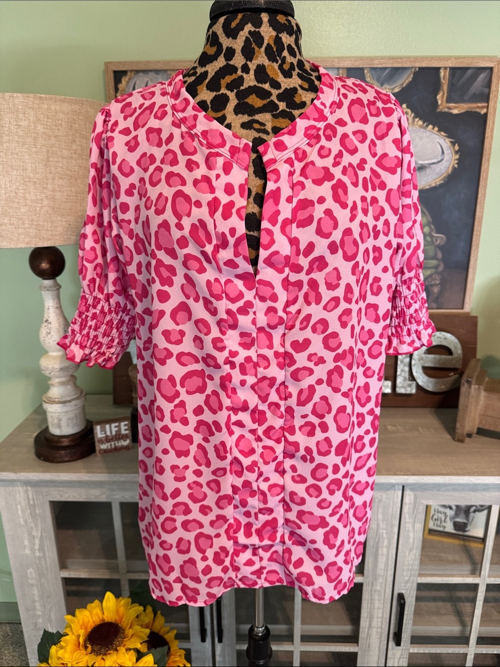 Bibi Pink Leopard Print Blouse Sz XL